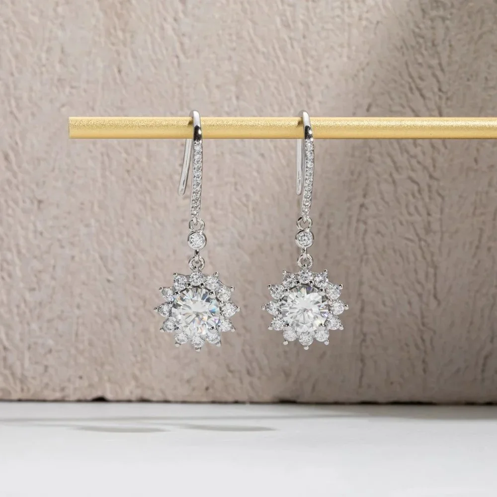 Certified 2ct. t.w. Moissanite Diamond Sunflower Drop Earrings NEW